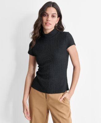 DKNY - Women's Puckered Knit Mock Neck Cap-Sleeve Top