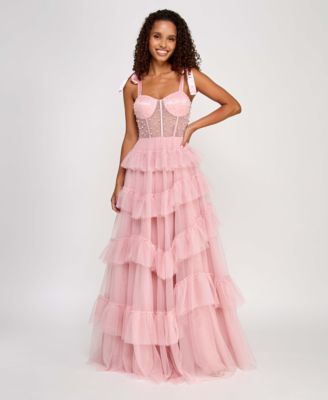 Say Yes - Juniors' Faux-Pearl-Corset Ruffled-Skirt Ball Gown