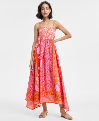 MSK - Women's Cotton Printed Smocked-Bodice Maxi Dress