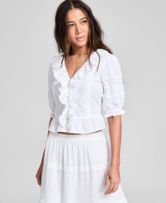 And Now This - Women's Cotton Ruffled Cropped Elbow-Sleeve Blouse