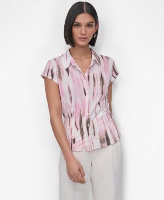 DKNY - Petite Printed Knit Cap-Sleeve Shirt