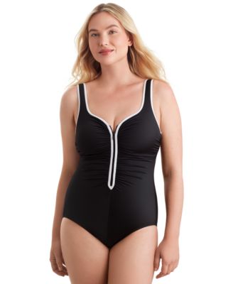 ShapeSolver Sport by Mimi Flamingo - Women's Shirred-Side Zip-Up One-Piece Swimsuit