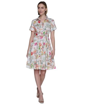 KARL LAGERFELD PARIS - Women's Printed Cotton A-Line Shirtdress