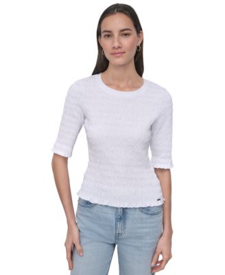 DKNY Jeans - Women's Smocked Cotton Elbow-Sleeve Top