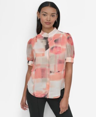 DKNY - Women's Printed Puff-Sleeve Button-Front Blouse