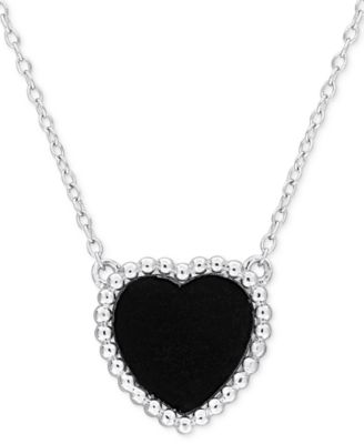 Macy's - Black Agate (5 ct. t.w.) Heart Bead Frame 17" Pendant Necklace in Sterling Silver