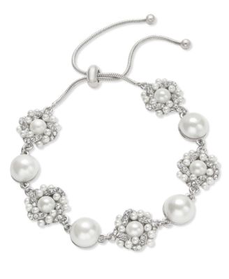 Charter Club - Silver-Tone Pav&eacute; & Imitation Pearl Cluster Slider Bracelet