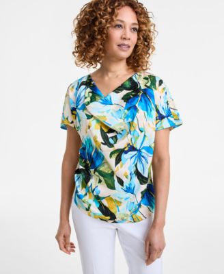 JM Collection - Women's Floral-Print Mixed-Media Top, Exclusively at Macy's