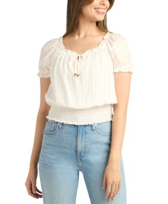BCX - Juniors' Smocked-Hem Bubble-Sleeve Peasant Top