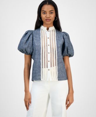 Cindy Castro New York - Women's Evita Denim and White Lace Blouse