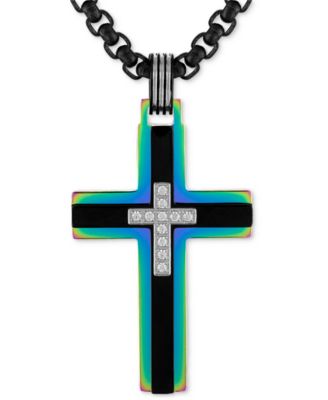 Esquire Men's Jewelry - Diamond Rainbow Cross 22" Pendant Necklace (1/10 ct. t.w.) in Black & Rainbow Anodized Ion-Plated Stainless Steel