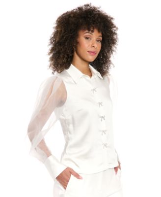 Muse - Women's Bow-Button Sheer Bishop-Sleeve Blouse