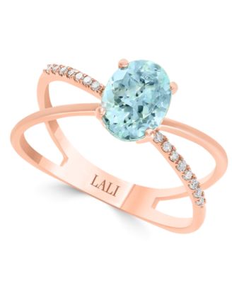 LALI Jewels - Aquamarine (1-1/16 ct. t.w.) & Diamond (1/20 ct. t.w.) Crisscross Statement Ring in 14k Rose Gold