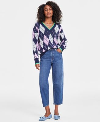On 34th - Women's Argyle V-Neck Drop-Shoulder Sweater