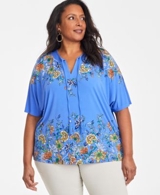 JM Collection - Plus Size Mirella Dreams Printed Split-Neck Top, Exclusively at Macy's
