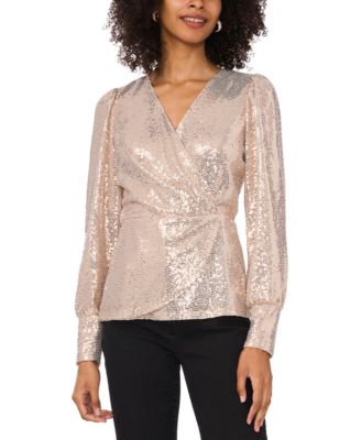 Vince Camuto - Women's Mirror-Dot Faux-Wrap Long-Sleeve Top