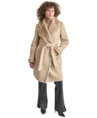 DKNY - Women's Belted Notched-Collar Faux-Shearling Coat, Created for Macy's