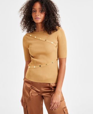 I.N.C. International Concepts - Women's Elbow-Sleeve Asymmetrical Studded Sweater Top