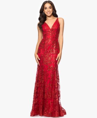 Blondie Nites - Juniors' Glitter-Floral V-Neck Gown