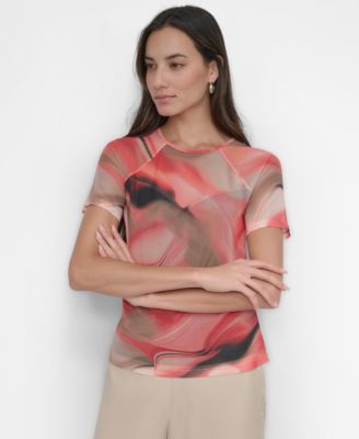 DKNY - Women's Printed Crewneck Short-Sleeve Mesh Top