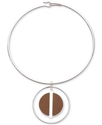 Lauren Ralph Lauren - Silver-Tone Leather Disc Circular 16" Collar Necklace