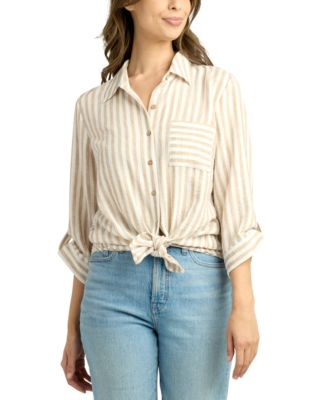 BCX - Juniors' Striped 3/4-Sleeve Tie-Front Shirt