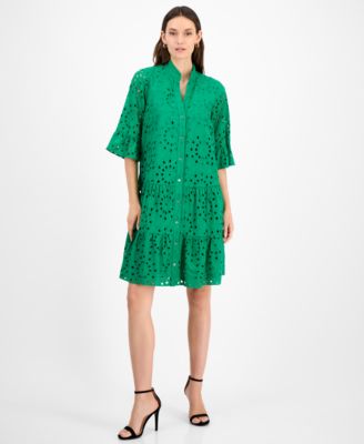 Anne Klein - Petite Stand Collar Tiered Cotton Shirtdress