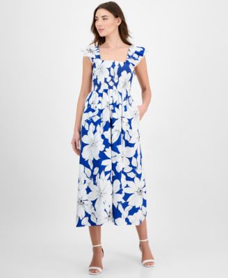 Anne Klein - Petite Smocked Bodice Printed Midi Dress