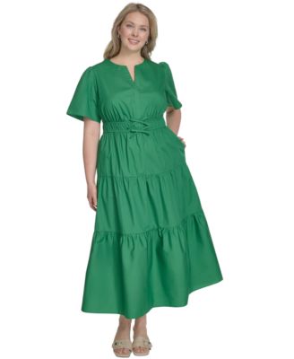 Jessica Howard - Plus Size Cotton Tiered Split-Neck Maxi Dress