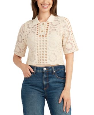 BCX - Juniors' Cotton Crochet Lace Polo Top