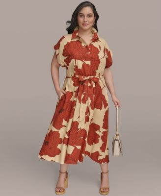 Donna Karan New York - Plus Size Printed Grommet-Waist Shirtdress