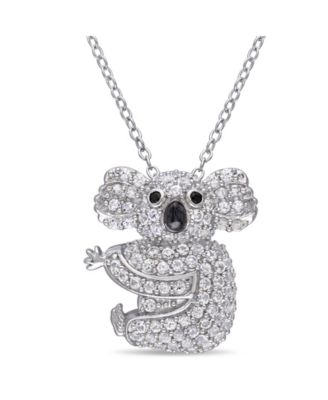 Macy's - Lab Grown White Sapphire (1 1/20 ct. t.w.) and Black Spinel Accent Koala Necklace in Sterling Silver