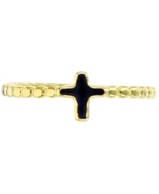 Macy's - Black Enamel Beaded Cross Ring in 14k Gold-Plated Sterling Silver