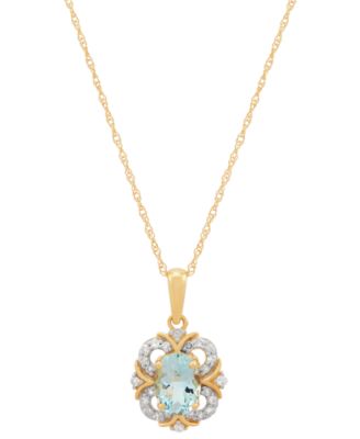 Macy's - Aquamarine (5/8 ct. t.w.) & Diamond (1/8 ct. t.w.) Fancy Halo 18" Pendant Necklace in 14k Gold