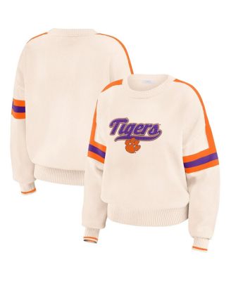 WEAR by Erin Andrews - Women's Cream Clemson Tigers Chenille Woven Patch Stripe Pullover Sweater