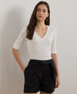 Lauren Ralph Lauren - Petite Stretch Cotton Elbow-Sleeve V-Neck Tee