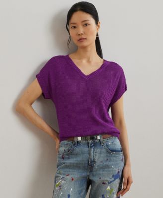 Lauren Ralph Lauren - Women's Linen-Blend Short-Sleeve V-Neck Sweater