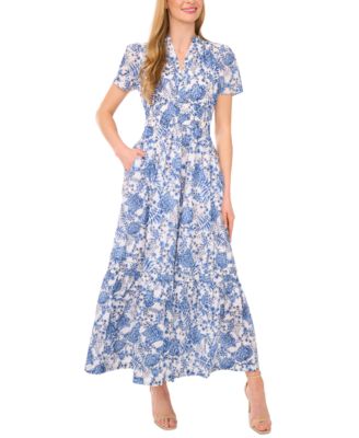 CeCe - Women's Short-Sleeve V-Neck Printed Cotton Maxi Dress