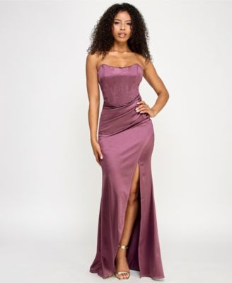 Emerald Sundae - Juniors' Iris Sateen Corset-Bodice Slit Gown