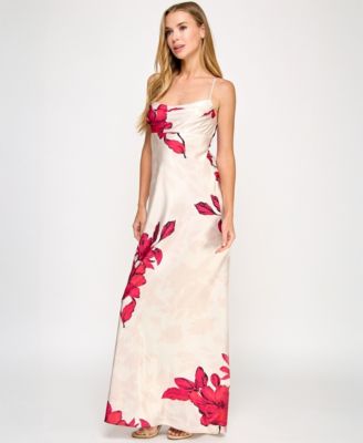 SENI & CADE - Juniors' Floral-Print Satin Spaghetti-Strap Gown