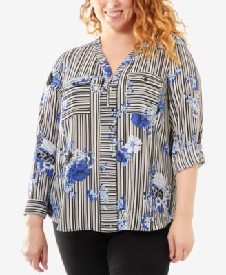NY Collection - Plus Size Half-Zip Striped Shirt
