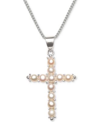 Macy's - Cultured Freshwater Pearl (3-1/2mm) Cross 18" Pendant Necklace in Sterling Silver