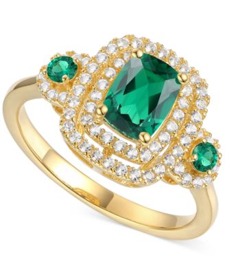 Macy's - Lab-Grown Emerald (7/8 ct. t.w.) & Lab-Grown White Sapphire (1/3 ct. t.w.) Double Halo Three Stone Ring (Also in Additional Gemstones)