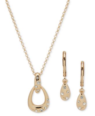 Anne Klein - Gold-Tone Pav&eacute; Pear-Shape Pendant Necklace & Drop Earrings Set