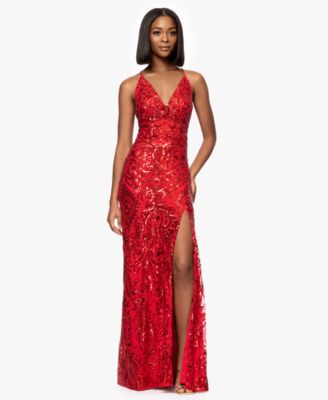 Blondie Nites - Juniors' Sequin V-Neck Side-Slit Gown