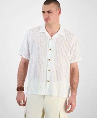 GUESS - Men's Liam Regular-Fit Open-Knit Jacquard Button-Down Shirt