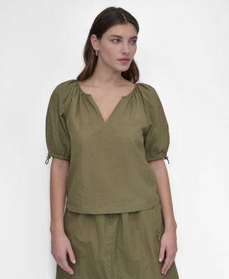 DKNY - Women's Bungee-Sleeve Perforated Tech Top