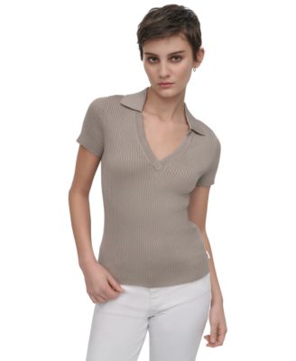 DKNY Jeans - Womens Ribbed V-Neck Polo Sweater