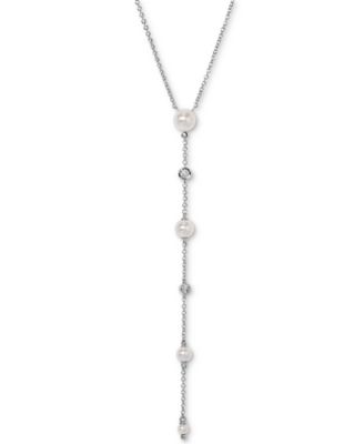 Eliot Danori - Silver-Tone Imitation Pearl & Cubic Zirconia Bezel Maisie Lariat Necklace, 16" + 2" extender