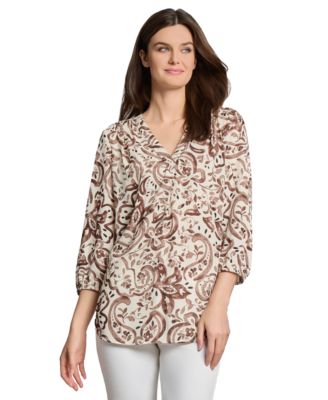 Jones New York - Petite Printed V-Neck 3/4-Sleeve Blouse
